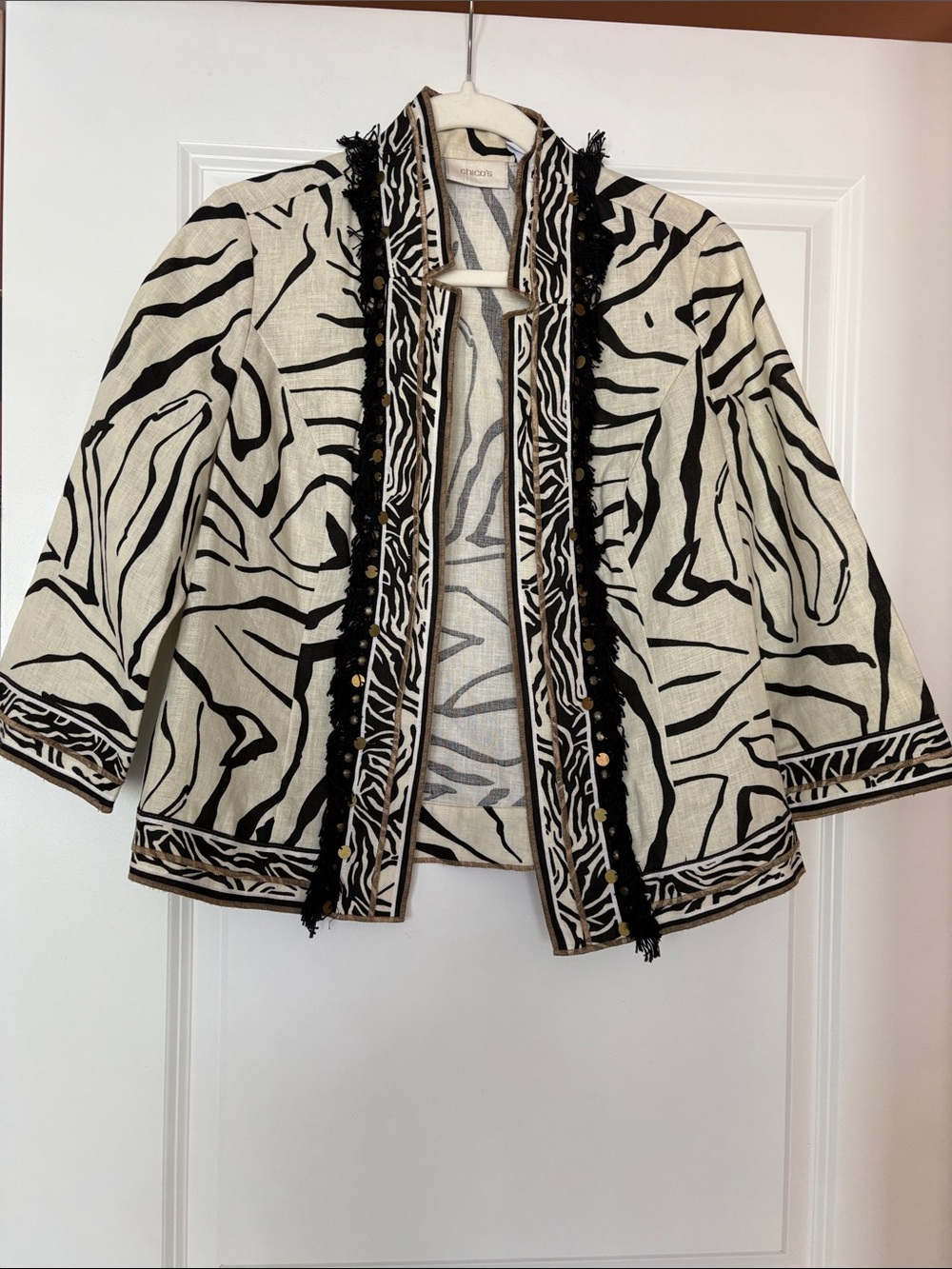 Chico's Black & Cream Zebra-Print Open Front Jacket